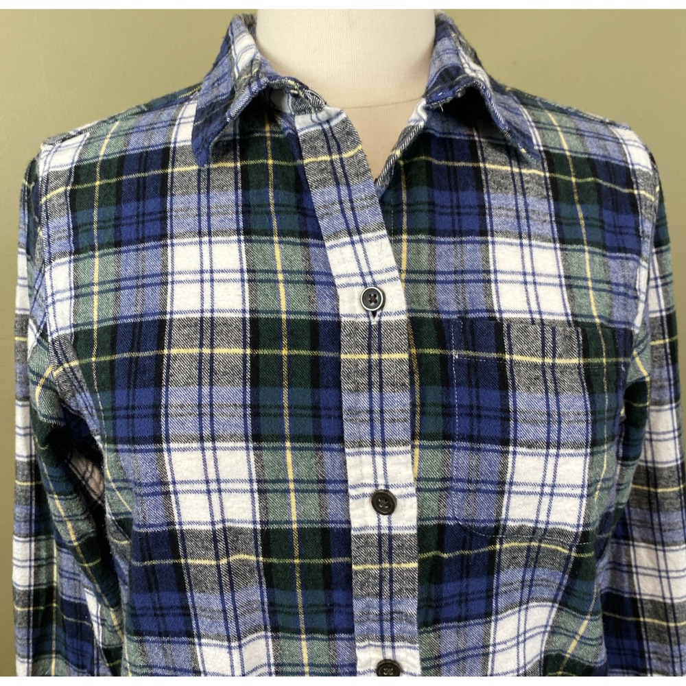 LL Bean Shirt Womens Small Green Blue Plaid Button Up Flannel Relaxed Fit Cotton